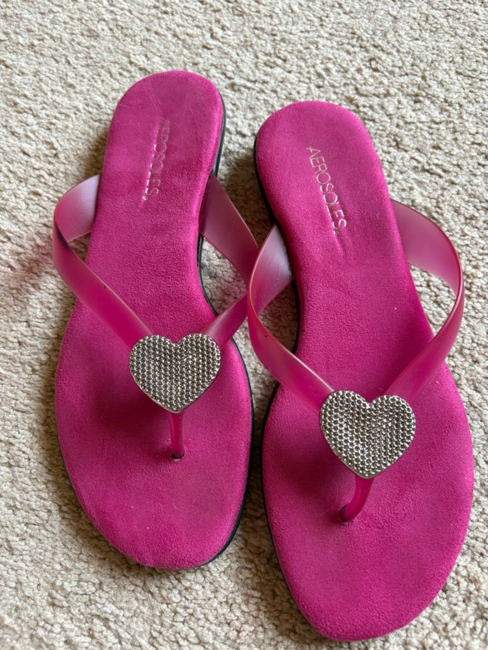 AEROSOLES Hot Pink Heart Embellished Flip Flops